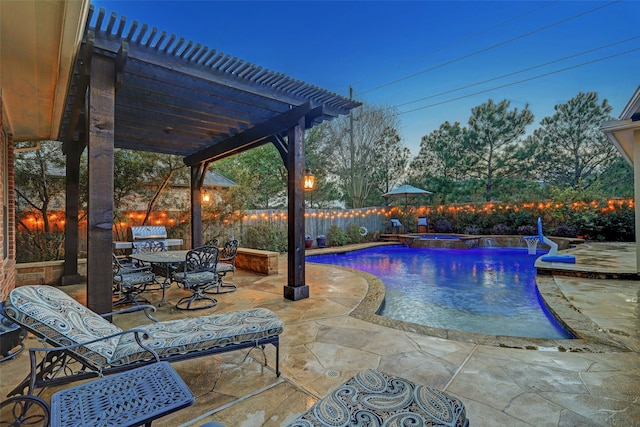 pool at dusk featuring a patio area and a pergola