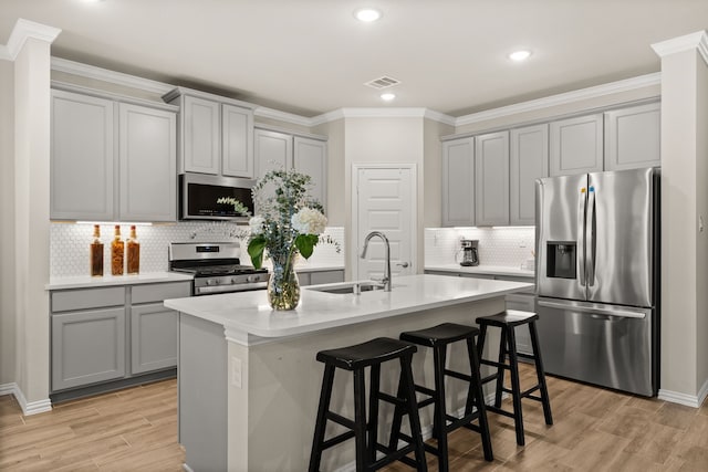 kitchen with sink, a kitchen bar, an island with sink, decorative backsplash, and stainless steel appliances