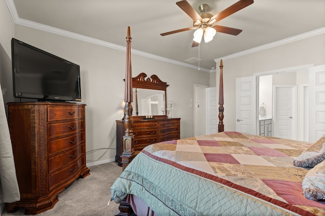 bedroom with carpet flooring, connected bathroom, ceiling fan, and ornamental molding