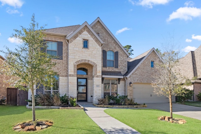 view of front of home with a garage and a front lawn