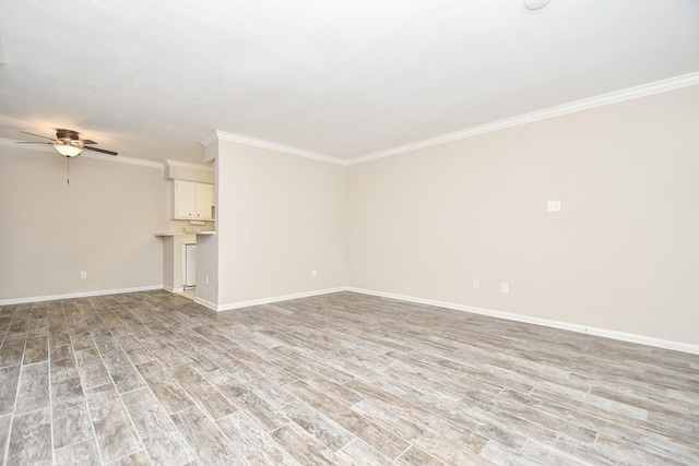 unfurnished living room with light wood-type flooring, ceiling fan, and ornamental molding