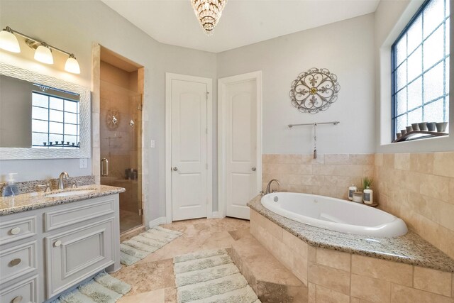 bathroom featuring vanity, plenty of natural light, and plus walk in shower