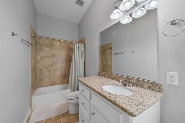 full bathroom with toilet, shower / bath combination with curtain, tile patterned floors, and vanity