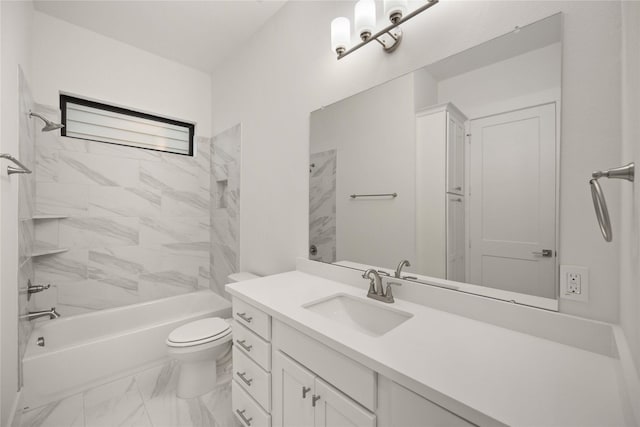 full bathroom with tiled shower / bath combo, vanity, and toilet