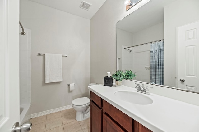 full bathroom featuring toilet, shower / bath combination with curtain, tile patterned floors, and vanity