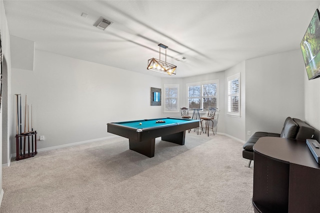 recreation room with light colored carpet and pool table