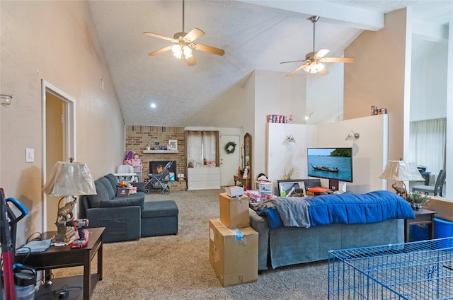 living room with a textured ceiling, carpet, a fireplace, high vaulted ceiling, and beam ceiling