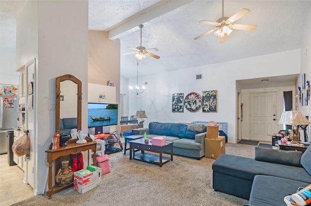 living room with ceiling fan with notable chandelier, a textured ceiling, beamed ceiling, high vaulted ceiling, and light colored carpet