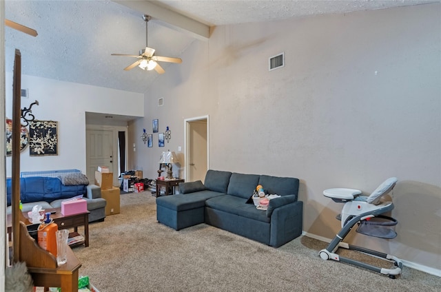 living room featuring high vaulted ceiling, a textured ceiling, beam ceiling, and carpet flooring