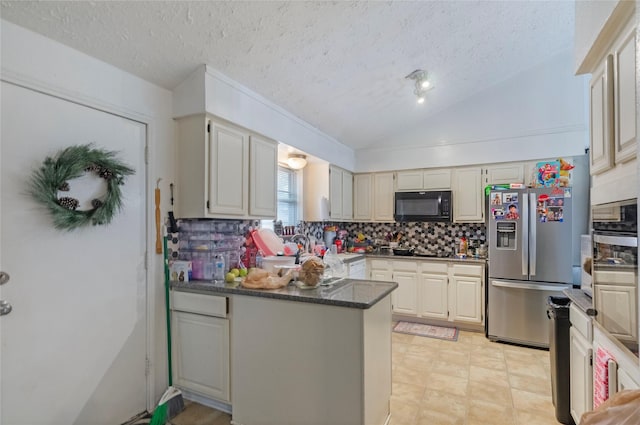 kitchen featuring stainless steel fridge with ice dispenser, vaulted ceiling, kitchen peninsula, and a textured ceiling