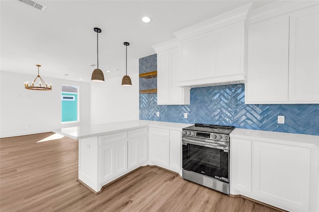 kitchen with pendant lighting, tasteful backsplash, white cabinetry, kitchen peninsula, and electric stove