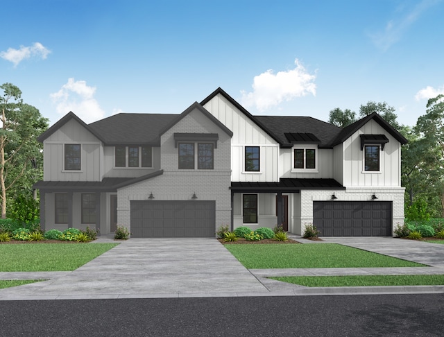 modern farmhouse style home with a garage, driveway, board and batten siding, and brick siding