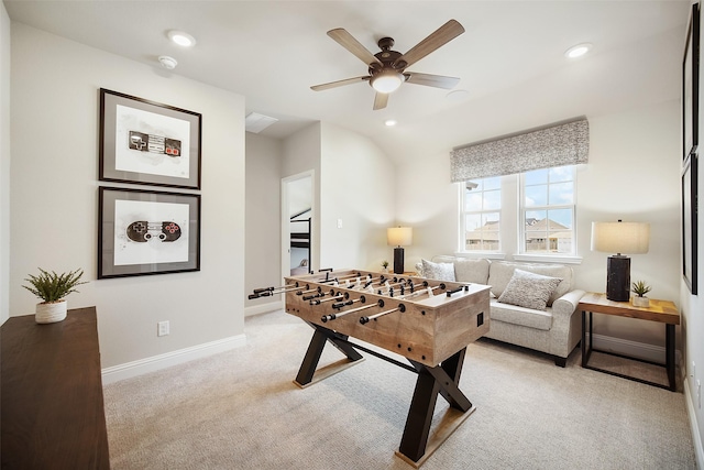 rec room featuring a ceiling fan, recessed lighting, light carpet, and baseboards