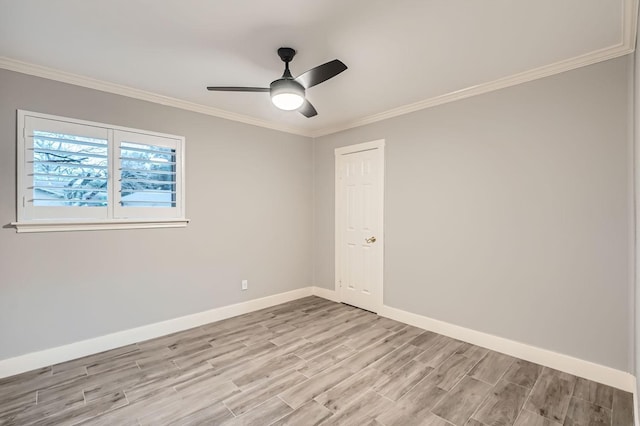 empty room featuring crown molding, ceiling fan, and light wood-type flooring