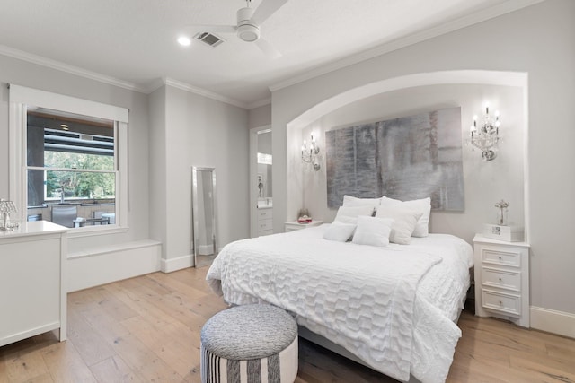 bedroom with ornamental molding, light wood-type flooring, and ceiling fan