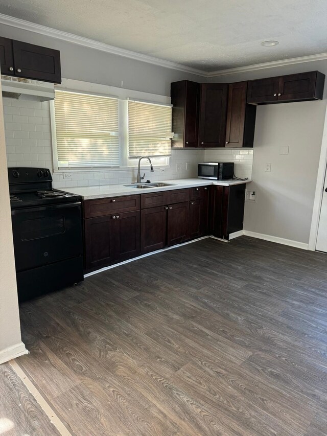 kitchen featuring sink, black electric range, ornamental molding, dark hardwood / wood-style flooring, and decorative backsplash