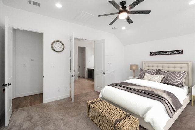 bedroom featuring ceiling fan, lofted ceiling, and carpet