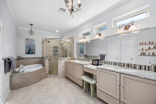 bathroom with shower with separate bathtub, a chandelier, tile patterned flooring, vanity, and crown molding