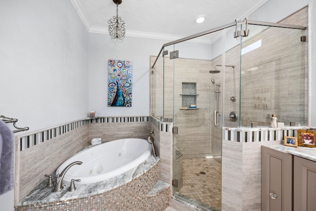 bathroom with ornamental molding, separate shower and tub, and vanity