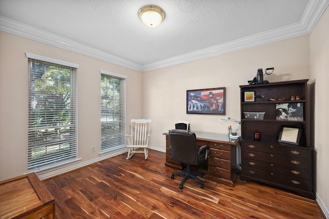 office space featuring crown molding, dark hardwood / wood-style floors, and a textured ceiling