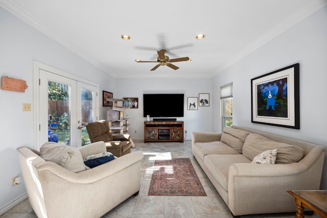 living room featuring crown molding, a healthy amount of sunlight, and french doors