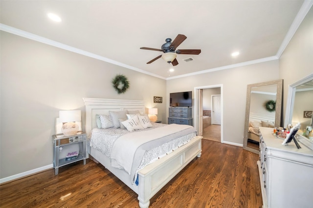 bedroom featuring crown molding, ceiling fan, and dark hardwood / wood-style floors