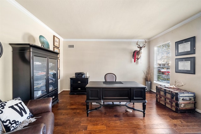 office area featuring crown molding and dark hardwood / wood-style floors