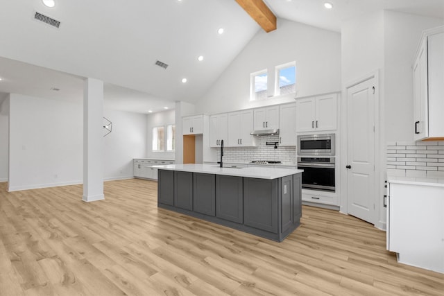 kitchen featuring sink, white cabinetry, a kitchen island with sink, high vaulted ceiling, and stainless steel appliances