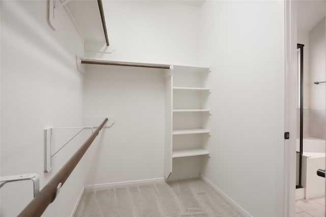 spacious closet featuring light carpet