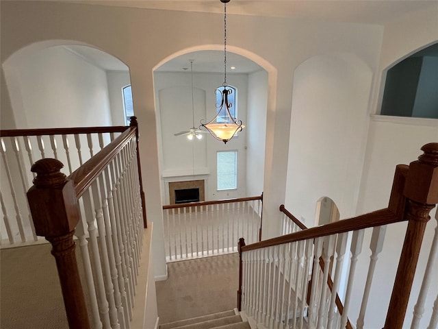 6731 Pinetop Glen Ln, Spring, TX 77379 - stairs with carpet floors and ceiling fan