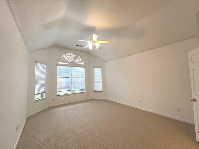 6731 Pinetop Glen Ln, Spring, TX 77379 - unfurnished room with vaulted ceiling, ceiling fan, light carpet, and baseboards