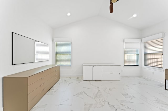 bedroom featuring lofted ceiling and ceiling fan