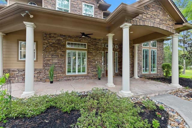 exterior space featuring covered porch and ceiling fan