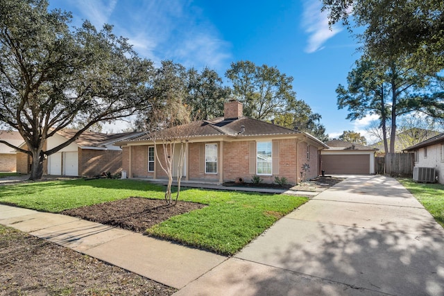 single story home with cooling unit and a front yard