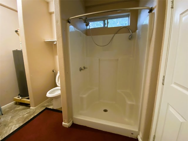 bathroom featuring toilet, walk in shower, and water heater