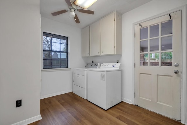 washroom featuring hardwood / wood-style flooring, cabinets, washer and clothes dryer, and ceiling fan