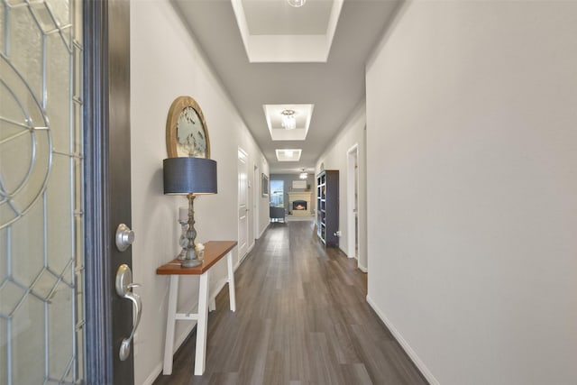 foyer with dark hardwood / wood-style flooring and a raised ceiling