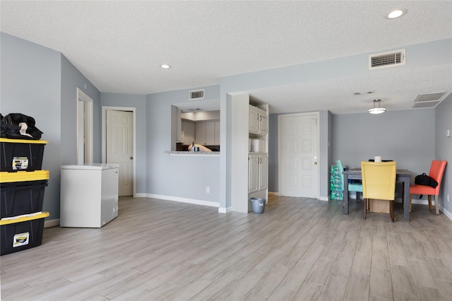 living room featuring light hardwood / wood-style floors and a textured ceiling