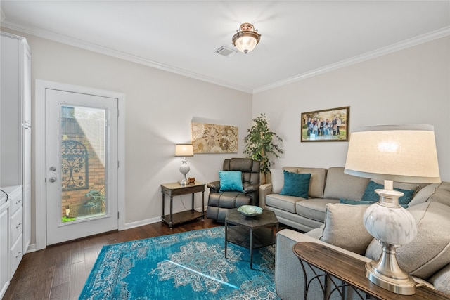 living room with ornamental molding and dark wood-type flooring