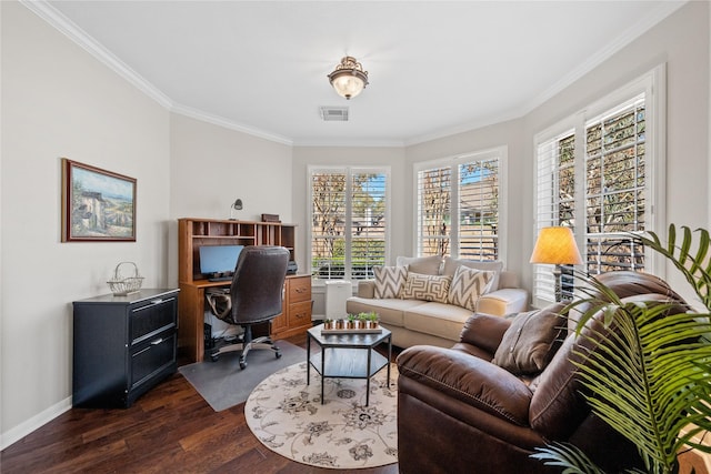 office space featuring ornamental molding and dark wood-type flooring