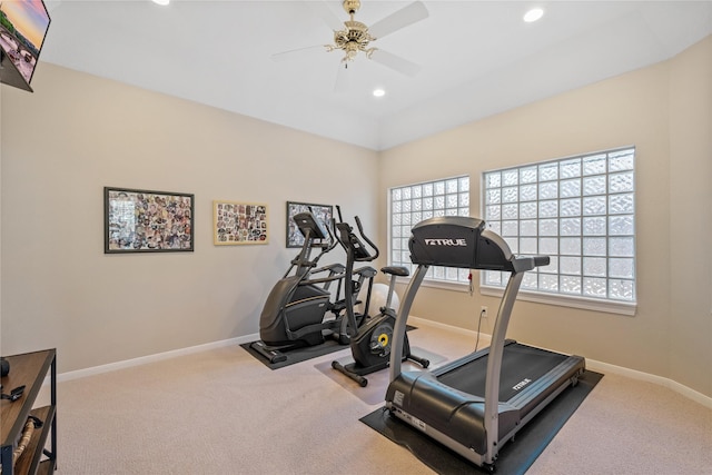 workout area with carpet floors and ceiling fan