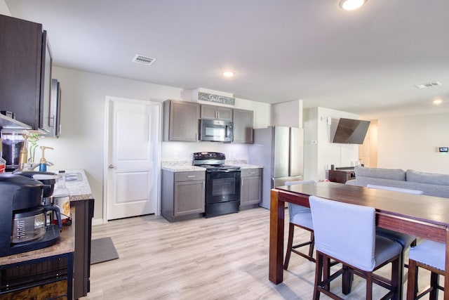 kitchen with sink, stainless steel appliances, dark brown cabinets, and light hardwood / wood-style flooring