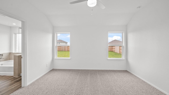 carpeted spare room with ceiling fan, a wealth of natural light, and lofted ceiling