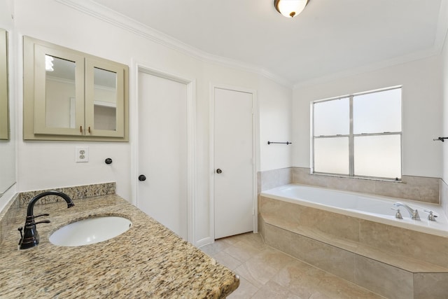 full bathroom with a bath, crown molding, and vanity