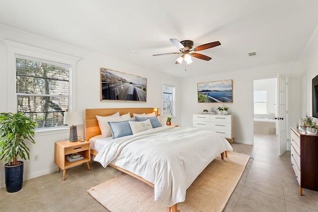 bedroom with visible vents, baseboards, a ceiling fan, ornamental molding, and ensuite bath