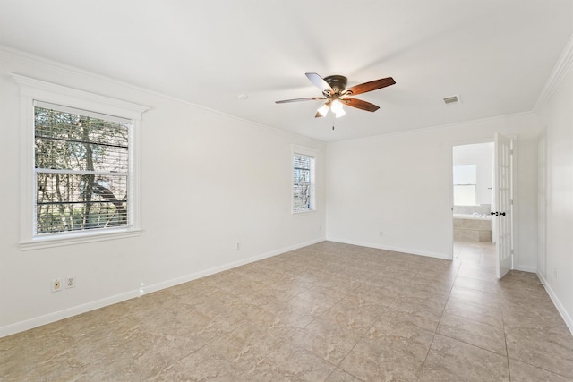 unfurnished room featuring ornamental molding, a healthy amount of sunlight, baseboards, and a ceiling fan