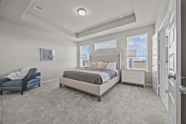 bedroom featuring a raised ceiling and light carpet