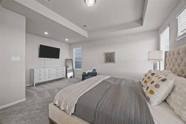 bedroom with light carpet and a raised ceiling