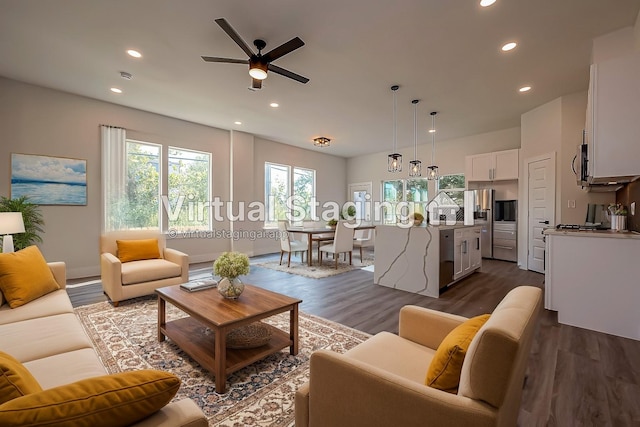 living room featuring ceiling fan and dark hardwood / wood-style flooring