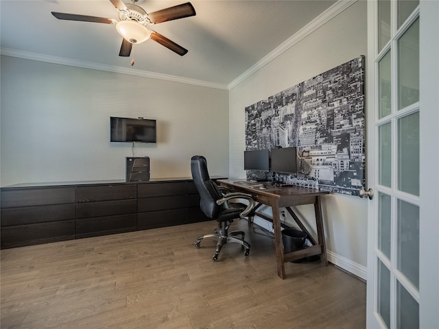 office space featuring hardwood / wood-style floors, crown molding, and ceiling fan